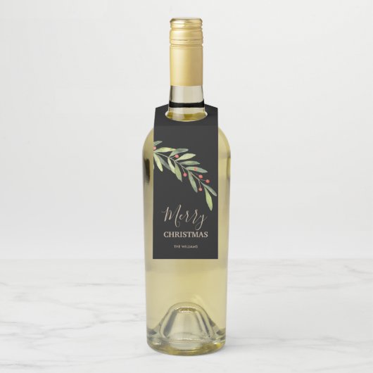 Branch en bessen op zwarte vrolijke kerst flessenhanger (Op fles)