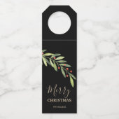 Branch en bessen op zwarte vrolijke kerst flessenhanger (Voorkant)