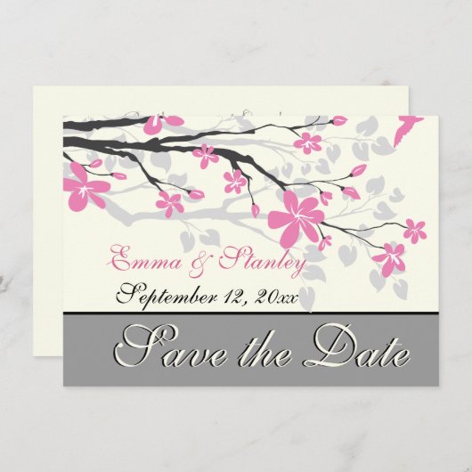 Branch met roze bloesems bruiloft Save the Date (Voorkant / Achterkant)