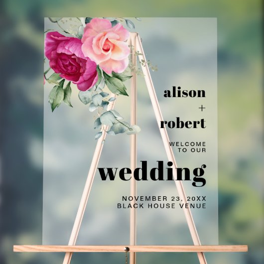 Branch met roze roos bevroren WELKOM bruiloft Acryl Bord (Neutraal)