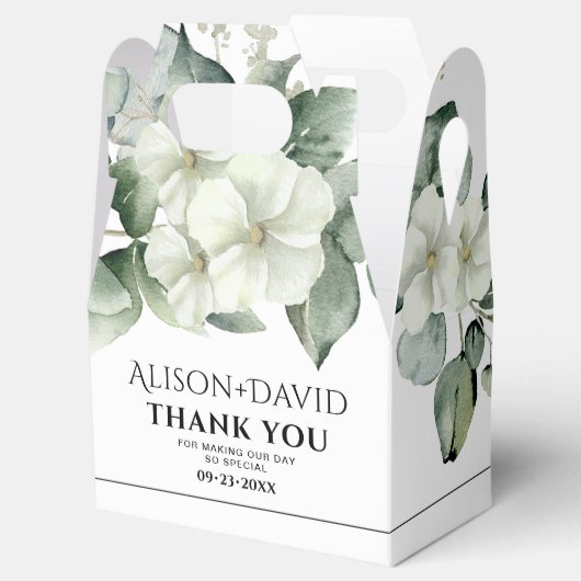 Branch met witte bloemen zwarte typografie bruilof bedankdoosjes (Geopend)