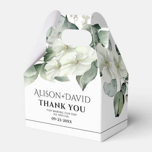 Branch met witte bloemen zwarte typografie bruilof bedankdoosjes (Voorkant Zijde)