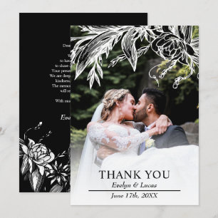 Branch met zwarte en witte bloemen trouwfoto bedankkaart