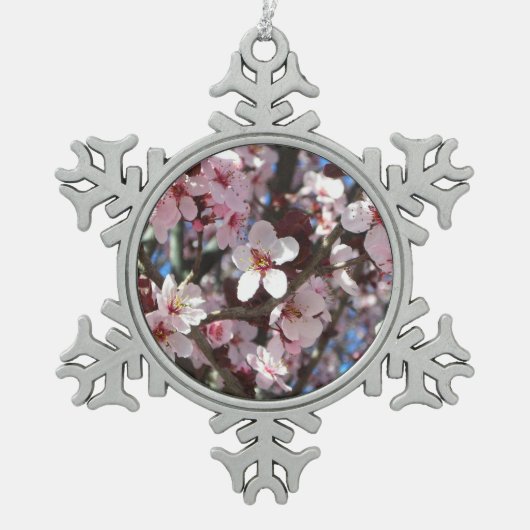 Branch of Pink Blossom Spring Floral Tin Sneeuwvlok Ornament (Voorkant)