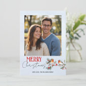 Branch, robin birds and berries Christmas photo Feestdagenkaart (Staand voorkant)