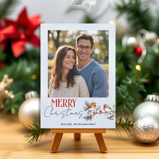 Branch, robin birds and berries Christmas photo Feestdagenkaart