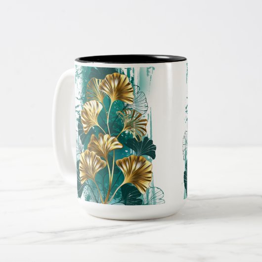 Branch with Golden Leaves Ginko Biloba Tweekleurige Koffiemok (Voorkant links)