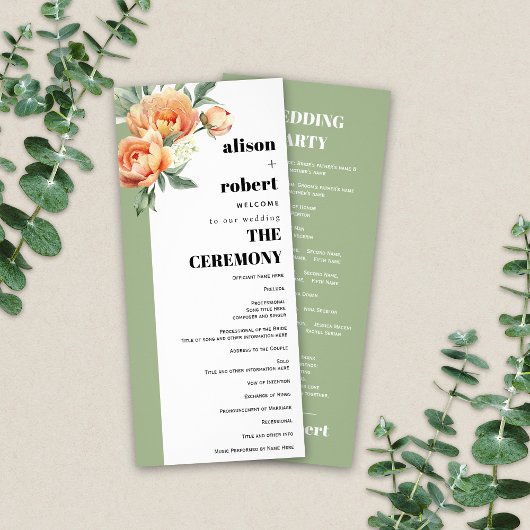 Branch with peach roses sage wedding program reclamekaart