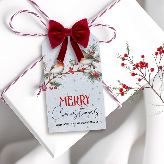 Branch with robin birds and berries Christmas Cadeaulabel