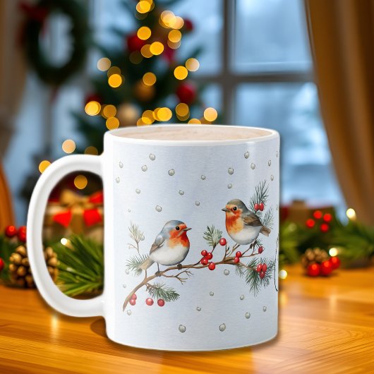 Branch with robin birds and berries Christmas Koffiemok