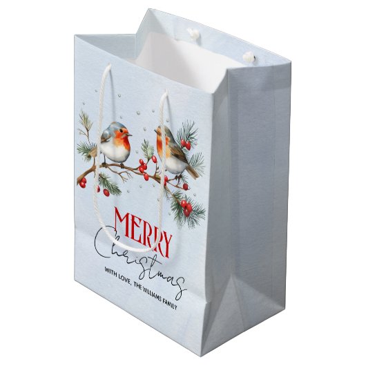 Branch with robin birds and berries Christmas Medium Cadeauzakje (Voorkant Gekanteld)