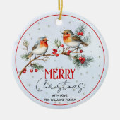 Branch with robin birds, berries Christmas photo Keramisch Ornament (Voorkant)