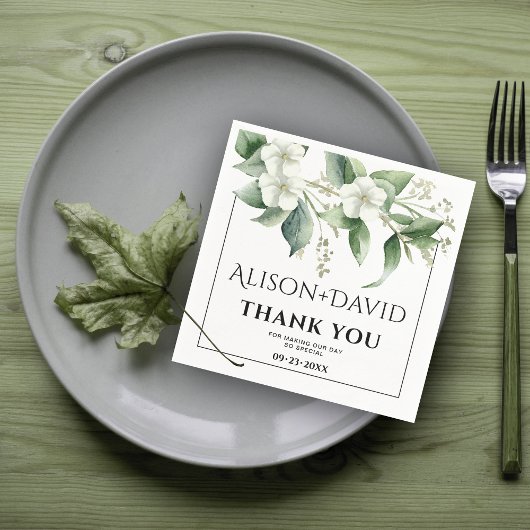 Branch, witte bloemen groen typografie bruiloft servet