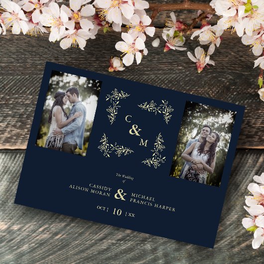 Branches 2 Foto's Navy Chic Trendy Collage Wedding Kaart