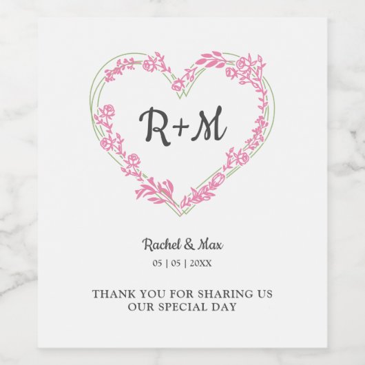 Branches and Wildflowers Heart in Pink and Green Wijn Etiket (Enkel label)