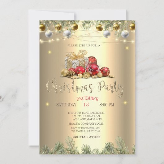 Branches, Cadeaus, Ballen, String Lights Kerst Kaart (Voorkant)