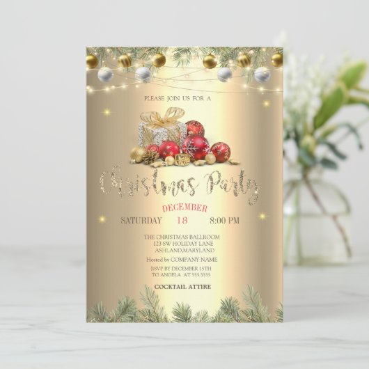 Branches, Cadeaus, Ballen, String Lights Kerst Kaart (Staand voorkant)