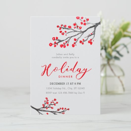Branches en Berries Holiday Dinner Invitation Kaart (Staand voorkant)