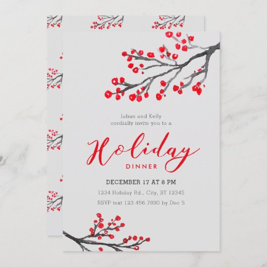 Branches en Berries Holiday Dinner Invitation Kaart (Voorkant / Achterkant)