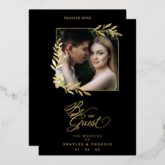 Branches Frame Luxury Golden Chic Photo Wedding Folie Uitnodiging (Voorkant / Achterkant)