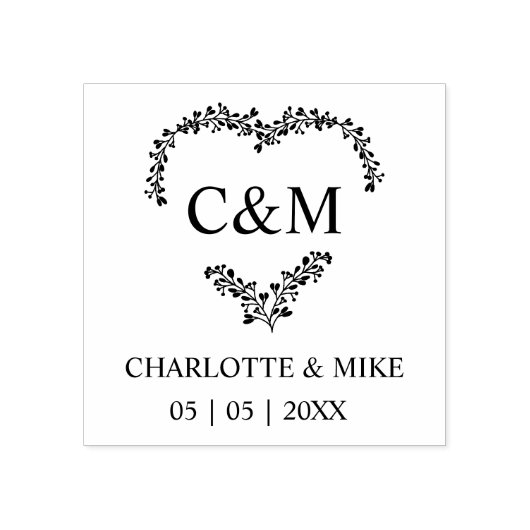 Branches Heart Wedding Monogram Rubberstempel (Afrduk)
