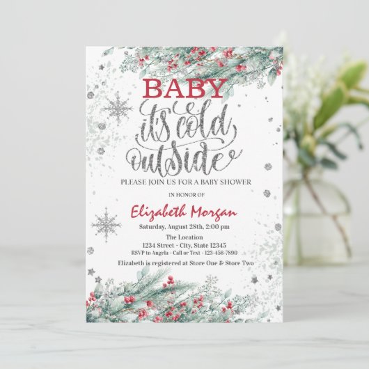 Branches Holly Berry Snowflakes Baby shower Kaart (Staand voorkant)