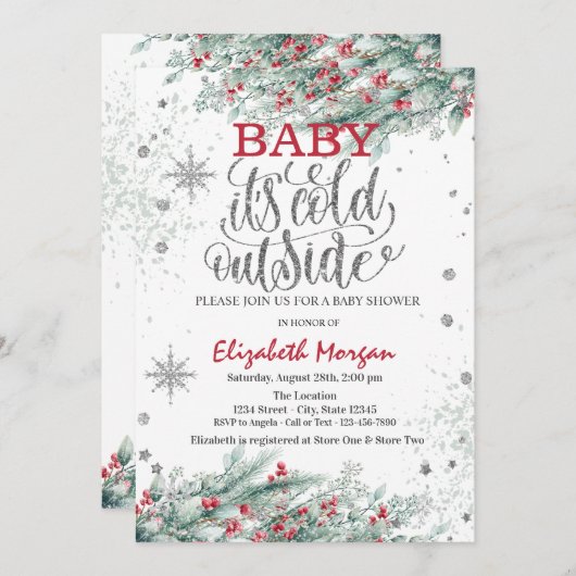 Branches Holly Berry Snowflakes Baby shower Kaart (Voorkant / Achterkant)