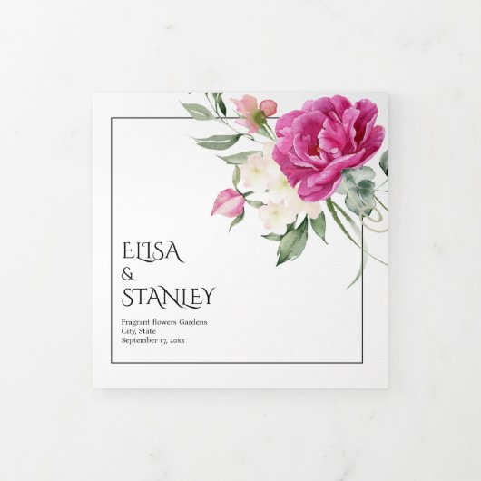 Branches met roze rozenbloemen bloemenbruiloft drieluik programma (Cover)