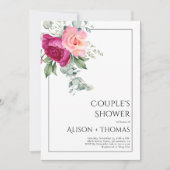 Branches met roze rozenbloemen paar douche kaart (Voorkant)