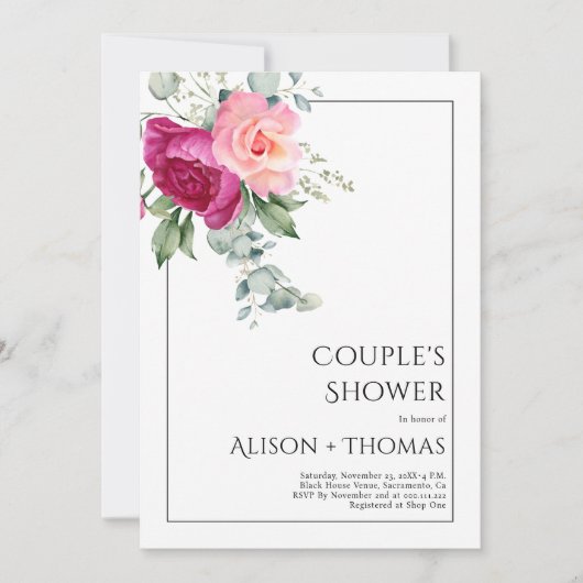 Branches met roze rozenbloemen paar douche kaart (Voorkant)