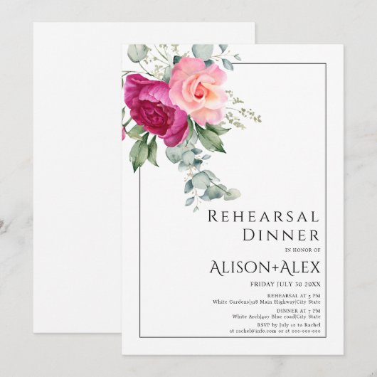 Branches met roze rozenbloemen repetitie diner kaart (Voorkant / Achterkant)