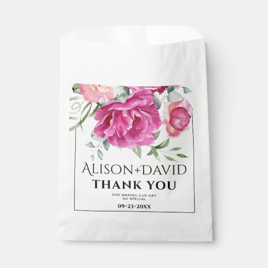 Branches roze roos bloemen en typografie bruiloft bedankzakje (Voorkant)