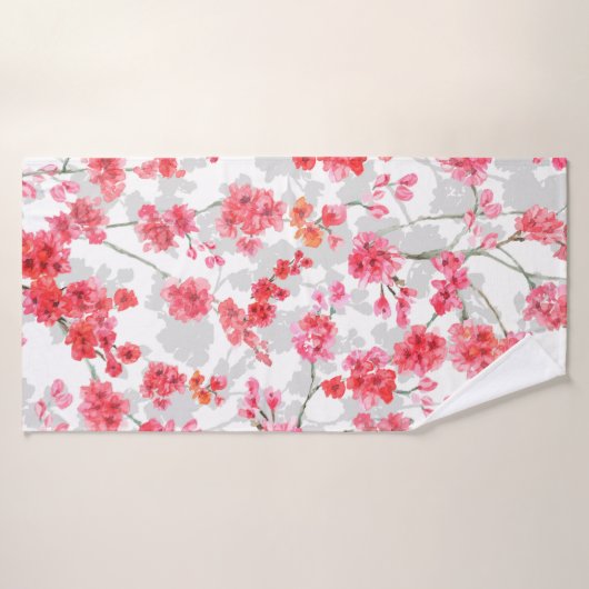 Branches van torenbloesems op witte en grijze rug badhanddoek (Badhanddoek)