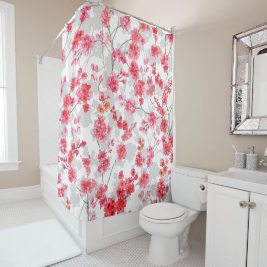 Branches van torenbloesems op witte en grijze rug douchegordijn (In situ)