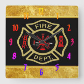 Brand Departement logo Gold en backbadge Gold Vierkante Klok (Voorkant)