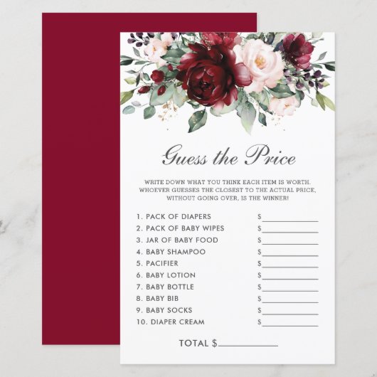 Brand Floral Price Guining Baby shower Game (Voorkant / Achterkant)