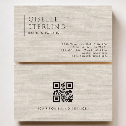 Brand Strategist Luxury Neutral Linen QR Code Visitekaartje