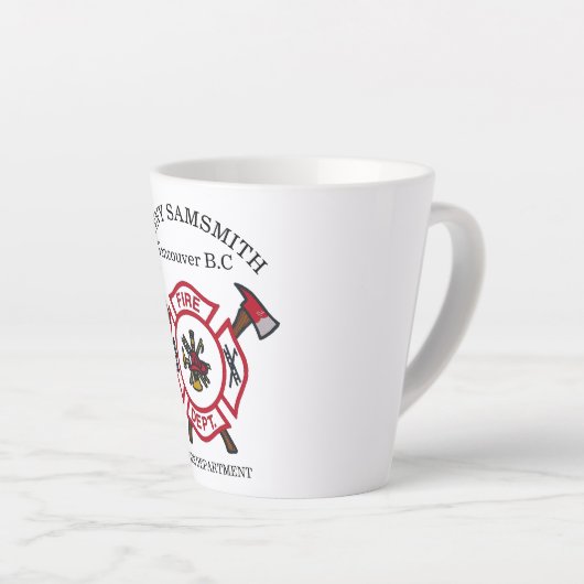 Brandafdeling logo, witte en rode badge latte mok (Rechterhoek)