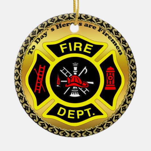 Brandafdeling logo, zwart en gele badge keramisch ornament (Voorkant)