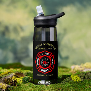 Brandafdeling logo, zwart en rode badge2 waterfles