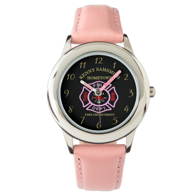 Brandafdeling logo, zwart en roze badge horloge (Voorkant)
