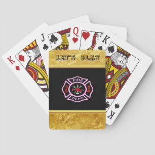 Brandafdeling logo, zwart en roze badge pokerkaarten