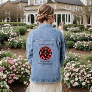 Brandafdeling logo, zwarte en rode badge denim jacket