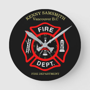 Brandafdeling logo, zwarte en rode badge ronde klok