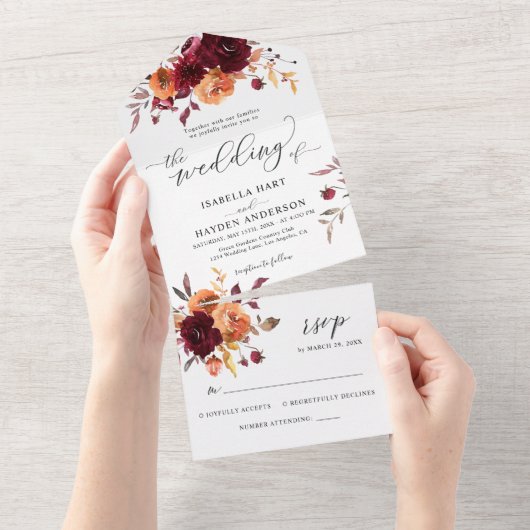 Brande Oranje Bourgogne Floral Wedding - RSVP All In One Uitnodiging (Afscheurbaar)