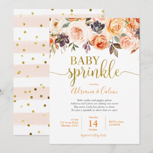 Brande Oranje Floral Baby Sprinkle Shower Invitati Kaart (Voorkant / Achterkant)