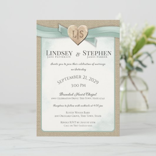 Branded Heart en Ribbon Sage Green Wedding Kaart (Staand voorkant)