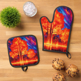 Brandend bos in levendige kleuren ovenwant & pannenlap set