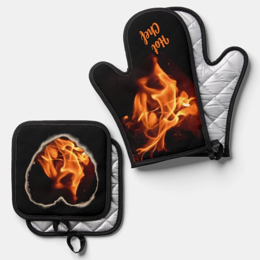 Brandend Hart op Vuur Heet Spul Vlammen Ovenwant & Pannenlap Set (Voorkant / Achterkant)