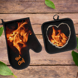Brandend Hart op Vuur Heet Spul Vlammen Ovenwant & Pannenlap Set